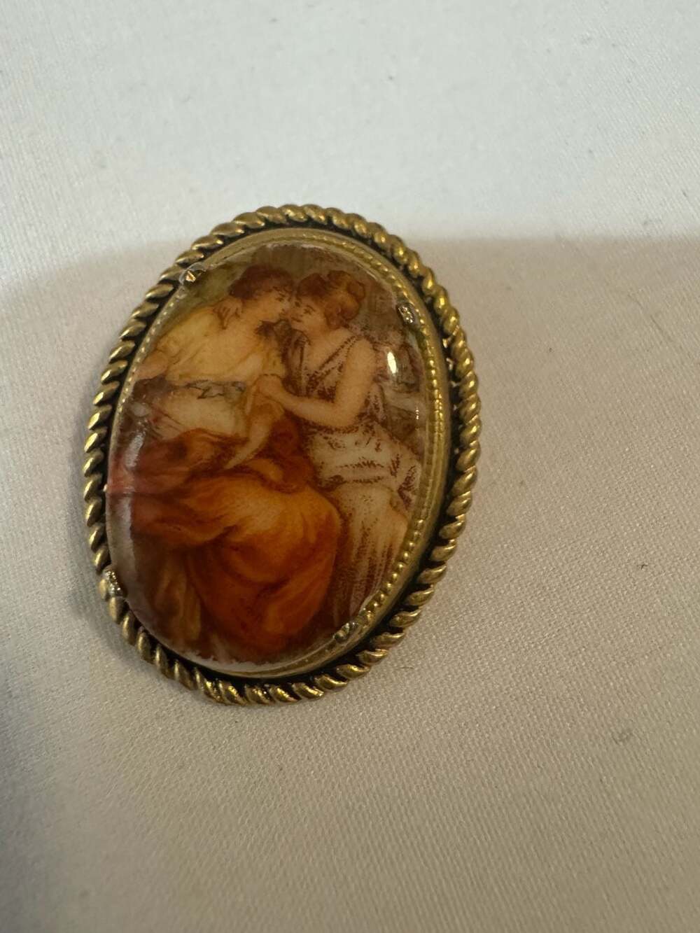 Vintage Oval Portrait Cameo Brooch with Rope Edge Detail small